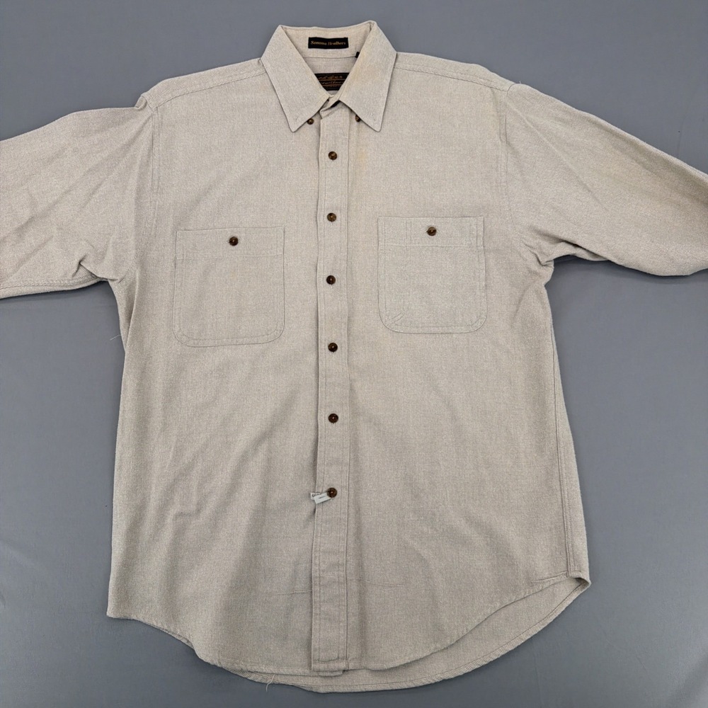 Vintage 90s Eddie Bauer Denim Shirt Mens M 100 Cotton Beige Button Down Workwear - Picture 3 of 15